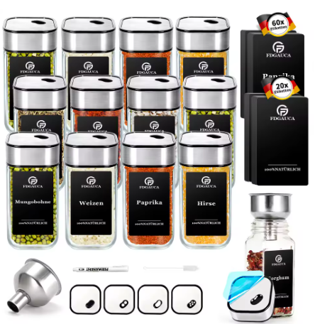 12/24 Gewürzgläser Set mit drehbarem Deckel (360°) – 120ml Glasflaschen inkl. Etiketten, Trichter & Bürste MySalvora
