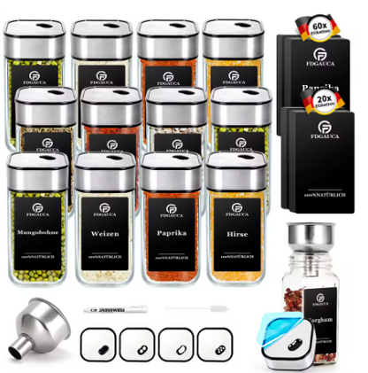 12/24 Gewürzgläser Set mit drehbarem Deckel (360°) – 120ml Glasflaschen inkl. Etiketten, Trichter & Bürste MySalvora