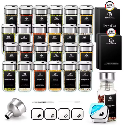 12/24 Gewürzgläser Set mit drehbarem Deckel (360°) – 120ml Glasflaschen inkl. Etiketten, Trichter & Bürste MySalvora