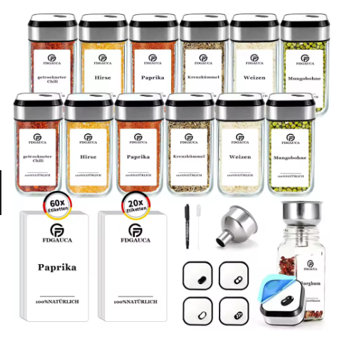 [12/24] 120ml Quadratische Gewürzgläser mit 360° Drehdeckel – inkl. weiße Etiketten, Edelstahltrichter & Zubehör MySalvora