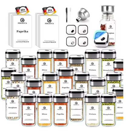 [12/24] 120ml Quadratische Gewürzgläser mit 360° Drehdeckel – inkl. weiße Etiketten, Edelstahltrichter & Zubehör MySalvora