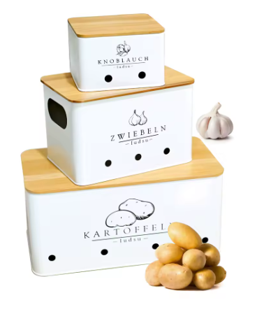 SIAZIH 3er-Set Metallboxen für Kartoffeln, Zwiebeln & Knoblauch – mit Bambusdeckel & Belüftungslöchern MySalvora